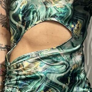 Cutout Mini Dress in Teal Marble Print